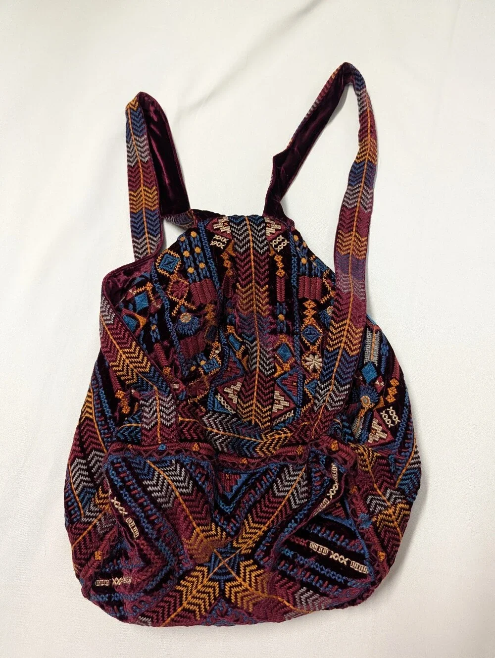 Johnny Was Burgundy Multi Boho Geometric Embroidered Drawstring Backpack Bag